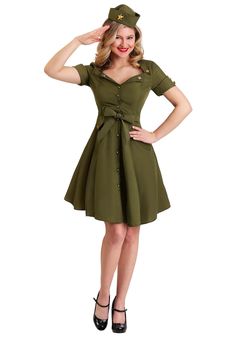 PRICES MAY VARY. Size: X-Large 100% polyester broadcloth fabric Shirtwaist dress has gold-tone buttons at center front Belt is same fabric as dress; thread through loops at waistline & tie as desired Decorative buttons on sleeve cuffs, collar, & false pocket flaps This is the Women's Vintage Combat Cutie. - Dress - Hat - Belt Modest Adult Costumes, Walmart Costumes For Women, Womens Present Costume, Womens Garth Costume, Costumes For 50 Year Old Women, 1940 Clothing, Character Photoshoot, Combat Costume, Halloween For Adults