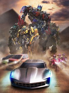 a poster with two cars and a robot in the background