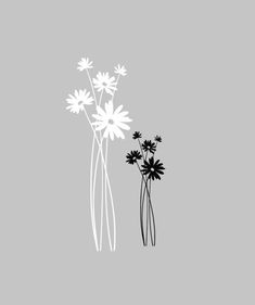 two black and white flowers in vases on a gray background