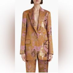 Gorgeous Rose Gold And Bronze Floral Metallic Blazer From Dries Van Noten. Stunning For Fall. Luxury Pink Blazer With Lapel Collar, Designer Long Sleeve Pink Blazer, Designer Tailored Pink Blazer, Brocade Blazer, Gold Blazer, Adidas Track Suit, Old Rose, Velvet Jacket, Dries Van Noten