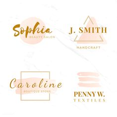 four logos for beauty salons, including one with gold foil and the other in pink