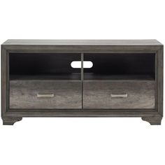 an entertainment center with two drawers and one door on the side, in grey wood