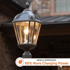 a lamp post with the words new & approved 60 % more charging power on it