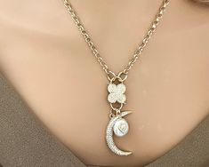 Gold CZ Carabiner Necklace-Rolo Chain-Clover Snap Clasp-CZ Charms-Fresh Water Pearl Heart Charm-CZ Half Moon Charm-Gift For Her Carabiner Necklace, Pearl Heart, Fresh Water Pearl, Moon Charm, Engagement Ring Styles, Rolo Chain, Keep Jewelry, Gold Chain Necklace, Charm Gift