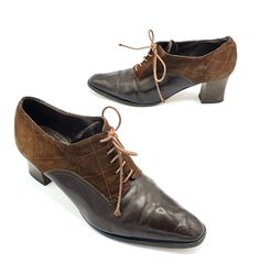 Vintage Brown Leather and Quilted Suede Oxford Shoes, New Romantic Lace-Ups Made in Italy, Women's Size 37 EU, Size 7 US, VFG Vintage Brown Lace-up Business Shoes, Vintage Leather Shoes With Pointed Toe For Fall, Vintage Lace-up Shoes With Brogue Detailing And Pointed Toe, Vintage Lace-up Shoes For Office In Fall, Vintage Lace-up Office Shoes For Fall, Vintage Fall Lace-up Office Shoes, Retro Brown Oxfords For Work, Vintage Brown Lace-up Shoes With Brogue Detailing, Vintage Leather Lace-up Shoes With Pointed Toe