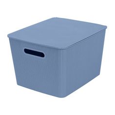 a blue storage box with a handle on it