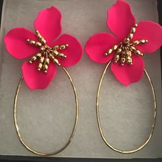 Super Fun Gold Hoop Earrings With Hot Pink Flower . Hoops Have A Hammered Detail And Flower Has Gold Dangle Center. Never Worn ! Pink Hoop Flower Earrings For Pierced Ears, Pink Hoop Earrings For Spring, Flower Shaped Hoop Earrings For Party, Pink Handmade Hoop Earrings For Spring, Pink Hoop Flower Earrings For Spring, Handmade Pink Hoop Earrings For Spring, Pink Flower Hoop Earrings For Spring, Small Hoop Pink Flower Earrings, Spring Pink Hoop Earrings