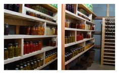 there are two shelves with jars on each shelf and one is filled with different types of liquid