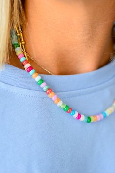 Add a pop of color to your outfit with our Rainbow Necklace Luxe - Confetti Gemstone! This on trend necklace stack features vibrant gemstones, so unique, making it a best seller with five stars. Stand out and be the envy of others with this playful and stylish piece. Product Details: 16" lobster claw 2" extender Fun Adjustable Beaded Chain Necklace, Trendy Natural Stones Jewelry Gift, Playful Adjustable Beaded Chain Necklaces, Playful Adjustable Beaded Chain Necklace, Everyday Rainbow Beaded Jewelry, Trendy Green Jewelry With Faceted Beads, Trendy Rainbow Jewelry As Gift, Trendy Charm Necklaces With Colorful Beads, Fun Adjustable Beaded Chain Jewelry