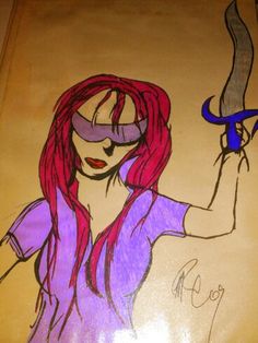 a drawing of a woman with red hair holding a knife in her right hand and wearing purple