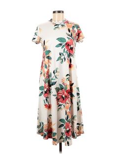 Reb & J. Casual Dress Size: Medium Ivory Dresses - used. 95% POLYESTER, 5% SPANDEX, Mock, Print, Midi/Calf Length, Short Sleeve | Reb & J. Casual Dress: Ivory Print Dresses - Used - Size Medium Cream A-line Midi Dress With Floral Print, White Stretch A-line Dress, White Stretch A-line Maxi Dress, Modest Cream Floral Print Dresses, Casual Cream A-line Dress, Spring Beige Stretch Maxi Dress, Beige Stretch Maxi Dress For Spring, Floral Print Stretch Maxi Dress With Short Sleeves, Stretch Floral Print Maxi Dress With Short Sleeves