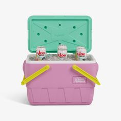 a cooler with six cans of ice and two yellow straws on the top, in front of a white background