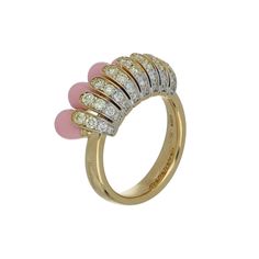 Ref. FF176RG42 Allegra ring, Yellow Gold, White and Champagne Diamonds and Pink Enamel. The Allegra Small Pink Enamel Ring is handcrafted with 18Kyellow gold and adorned with a combination of white and champagne diamonds, elegantly elevated with intricate hand-painted pink enamel adding a touch of femininity to the bold design, making it the perfect accessory for any occasion. Gold: g 11.25 | White Dia: ct 0.26 | Champagne Dia: ct 0.67All weights are approximate. Slight variations may occur due Luxury 14k Pink Gold Ring, Elegant Pink Enamel Ring, Gold Luxury Enamel Cabochon Ring, Gold Luxury Enamel Ring With Cabochon, Designer Yellow Gold Cabochon Jewelry, Pink Enamel Ring Fine Jewelry, Luxury Yellow Gold Cabochon Diamond Ring, Elegant Yellow Gold Enamel Ring With Gemstone, Luxury Pink Cabochon Jewelry