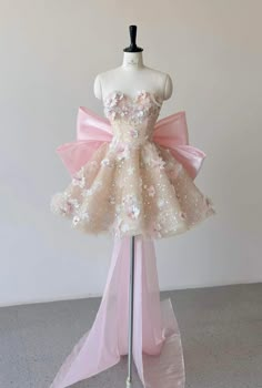 Flower Prom Dresses, Pink And White Floral Dress, Pink White Dress, Flower Prom Dress, Prom Dresses Pink, Tulle Sleeves, Sweetheart Prom Dress, Mini Pink