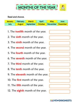 worksheet for the month of the year, with numbers and words on it