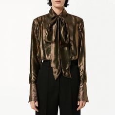 Add A Touch Of Elegance To Your Wardrobe With This Stunning Victoria Beckham Top. The Blouse Features A Beautiful Metallic Gold And Black Color Combination That Is Sure To Turn Heads. The Long Sleeves And Bow Accent Add A Classic Touch To The Blouse, Making It Perfect For Any Occasion. Crafted From High-Quality Materials, This Blouse Is Designed To Last. The Top Is A Regular Fit And Is Available In Size Us 4 Uk 8. The Blouse Is Perfect For Any Fashion-Conscious Woman Who Wants To Add A Touch Of Black Color Combination, Bow Tie Blouse, Blouse Nordstrom, Bow Blouse, Tie Blouse, Black Bow, Striped Blouse, Blouse Styles, Designer Outfits Woman