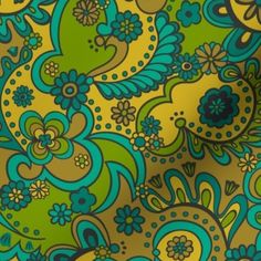 an abstract pattern with blue, green and yellow flowers on a gold background that is made up of many different colors