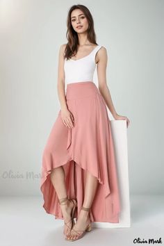 Olivia Mark - High-Waisted Irregular Hem Midi Skirt High Low Maxi Skirt, Boho Crop Top, Asymmetrical Midi Skirt, Irregular Skirt, Boho Crop Tops, Skirts Midi High Waisted, Irregular Hem, Mid Length Skirts, Mauve Pink