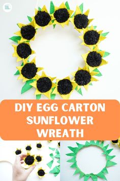 an egg carton sunflower wreath is shown with the words, diy egg carton sunflower wreath