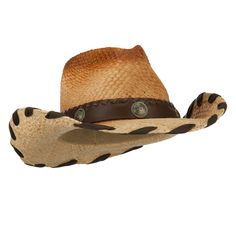 Raffia Leatherette Cowboy HatMade of 100% raffia straw.One size fits most for ladies, fitting up to 57 cm.Fitted with an inner elastic tie band.Adult/Woman.Crown measures 5 inches high.Brim measures 3 1/2 inches long.Hand wash only.Imported. Western Urban style woman's raffia cowboy hat with hatband.Pinched tear-shaped top crown.Crown is accentuated with a metal detailed leatherette hatband.Side brim is naturally upturned, wired brim.Woven ribbon trim along the edge of brim.Our raffia cowboy hat Short Brim Straw Hat For Western-themed Events, Western Style Woven Straw Hats, Western Straw Fedora With Woven Detail, Woven Straw Panama Hat For Rodeo, Straw Woven Panama Hat For Rodeo, Brimmed Straw Ranch Hats, Western Style Short Brim Woven Straw Hat, Country Style Straw Hat With Woven Detail, Country Style Straw Fedora Hat