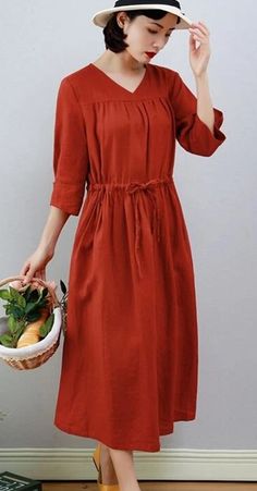 Red Women Dresses Ramie Casual Spring Linen Women Dresses Casual Linen Beach Dress In Solid Color, Casual Solid Color Linen Dress For Vacation, Casual Solid Color Linen Beach Dress, Casual Plain Solid Linen Dress, Bohemian Linen Summer Dress, Summer Bohemian Linen Dress, Casual Solid Linen Summer Dress, Casual Ramie Linen Spring Dress, Bohemian Solid Color Linen Dress For Summer