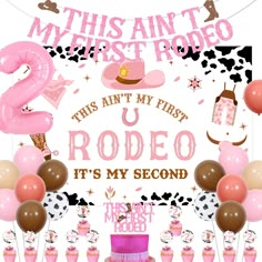 this is an image of a pink rodeo birthday party with balloons and decorations on the table