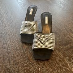 Prada Crystal Slides With Iconic Triangle Logo Detail 75mm Varnished Heel ( Just Under 3inches) Satin Insole * Excellent Condition * Only One Small Low Side Crystal Missing Pictured In Last Of Photos Above Prada Crystal Sandals, Shoes Prada, Triangle Logo, Prada Shoes, Women's Shoes Sandals, Black Silver, Shoes Sandals, Slides, Prada