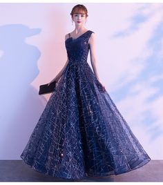 Lovely Navy Blue One Shoulder Sequins Long Wedding Blue Ball Gown For Banquet, Blue Tulle Evening Dress For Banquets, Blue Tulle Evening Dress For Banquet, Blue Tulle Dress For Party, Blue Tulle Party Dress, Blue A-line Ball Gown For Formal Occasions, Blue Ball Gown For Prom, Fitted Blue Ball Gown For Party, Blue Evening Dress With Fitted Bodice For Banquet