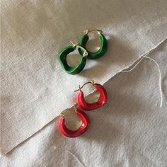 [MATERIAL]: Brass with enamel. [HOOP SIZE]: 20mm or 0.78" Red Enamel Hoop Earrings Gift, Red Enamel Hoop Earrings For Gifts, Green Enamel Hoop Jewelry, Trendy Red Metal Hoop Earrings, Small Hoop Red Earrings For Everyday, Trendy Small Hoop Red Earrings, Trendy Small Red Hoop Earrings, Trendy Red Hoop Earrings, Red Small Hoop Metal Jewelry