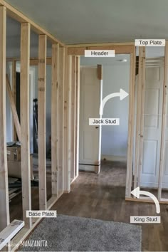 the inside of a house being built with wood framing around it and an arrow pointing to the top plate