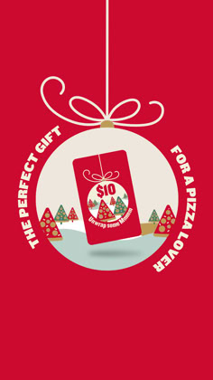 a red christmas ornament with a tag hanging from it's side on a red background