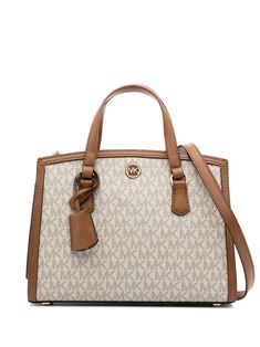 brown leather monogram pattern gold-tone hardware two flat top handles adjustable detachable shoulder strap main compartment Affliction Clothing, Leather Monogram, Monogram Pattern, Flats Top, Curator Style, Michael Kors Monogram, Womens Tote Bags, Small Bags, Denim Dress