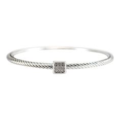 Brand: David Yurman  Gender: Unisex  Metal Type: 925 Sterling Silver  Length: 7.50 inches  Width: 3.00 mm  Weight: 15.77 Grams  Silver diamond bangle bracelet. The metal was tested and determined to be 925 (STERLING) silver. Engraved with "925". The "David Yurman" trademark (or hallmark) can also be found on the item.  Pre-owned In excellent condition. Might show minor signs of wear.  Pavé set in 925 (sterling) Silver with:  Nine (9) round brilliant cut natural diamonds:  Measurements: 1.10mm - 1.20mm in diameter x ~0.70mm in depth. Weight Range: 0.006 ct. - 0.008 ct. Estimated Total Weight: 0.060 ct. Color: G - H Clarity: VS1 - VS2 Cut: Very Good Polish: Very Good Symmetry: Very Good  TOTAL WEIGHTS:  Total weight of diamond(s):~0.06 ctw. Modern Bangle, 18k Gold Bangle, Silver Confetti, Diamond Bangle Bracelet, Plastic Bangles, Resin Bangles, Enamel Bangle, Diamond Bangles Bracelet, Crystal Bangle