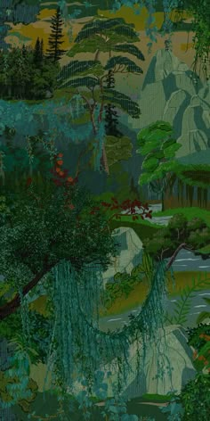 an image of a painting with trees and mountains in the backgroung area