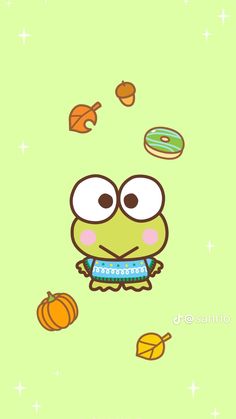 a cartoon frog with eyes wide open, surrounded by fall leaves and acorns