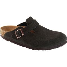 Birkenstock Boston Soft Footbed Suede Clog - Women's Classic Suede Clogs With Cork-bed Midsoles, Classic Suede Clogs With Buckle Closure, Classic Suede Mules With Buckle Closure, Casual Cork Slip-on Clogs, Casual Slip-on Cork Clogs, Casual Cork Clogs With Round Toe, Casual Brown Cork Clogs, Casual Closed Toe Cork Clogs, Casual Cork Clogs With Rubber Sole