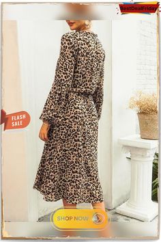 Leopard Print Half Button Blouson Shirt Dress Casual Long Sleeve Midi Dress With Button Cuffs, Non-stretch Collared Dress For Fall, Collared Midi Dress For Fall Brunch, Fall Brunch Shirt Dress With Button Closure, Leopard Print Shirt Dress Outfit, Long Sleeve Shirt Dress With Button Closure For Brunch, Button-up Midi Dress For Fall, Long Sleeve Button Dresses For Brunch, Casual Fall Shirt Dress For Brunch