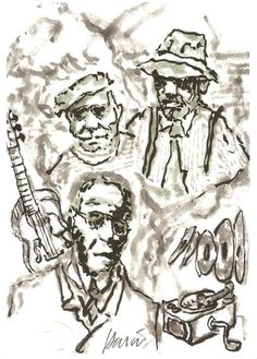 three men with hats and instruments are depicted in this drawing