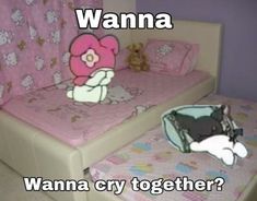 a bed with hello kitty on it and a teddy bear sitting next to it, which says wanna cry together?