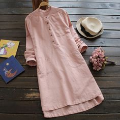 Material: COTTON Decoration: Pockets Waistline: Natural Silhouette: Fit and Flare Sleeve Length(cm): Full Pattern Type: Solid Sleeve Style: REGULAR Style: Casual Long Shirts For Women, Vestidos Retro, Linen Shirt Dress, Linen Casual, Vestidos Vintage, Linen Tunic, Shirt Dress Style, Long Shirt Dress, Necklines For Dresses