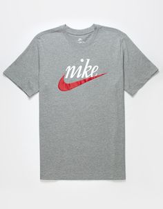 Nike Sportswear Futura Ii Tee. This Classic Cotton Tee With Our Heritage Nike Script Logo Gives You Soft Comfort For Casual, Everyday Wear. A Slight Puff To The Swoosh Print Adds A Dose Of Texture And Nostalgia. Lightweight Cotton Fabric Feels Soft And Comfortable For Casual, Everyday Wear. Relaxed Through The Shoulders, Chest And Body For An Athletic Fit You Can Layer. Ribbed Collar. 100% Cotton. Machine Wash. Imported. Sporty Logo T-shirt For Sports, Nike Athletic Fit T-shirt For Workout, Nike Cotton Activewear With Logo Print, Nike Sports T-shirt In Gray, Sportswear Crew Neck Tops With Logo, Sporty Athletic Heather T-shirt For Sports, Casual Athletic Heather T-shirt For Sports, Nike Activewear Crew Neck, Nike Crew Neck Athletic Fit Activewear