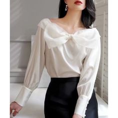 - Nwot - Two Ways To Wear: Off Shoulder Or V Neck - Indie Brandjorya - 100% #Silk - Big Wellmade Organza Bow Tie - Beautiful Pearl Buttons On The Wellmade - Very Elegant And Sweet #Coquette Elegant Silk Tops With Bow Detail, Feminine White Blouse With Bow, Chic Bow Tie Neck Blouse, Elegant V-neck Top With Bow, Chic Satin Tie-neck Blouse, Bow Tie Blouse, White Bow Tie, Indie Brands, Rebecca Taylor