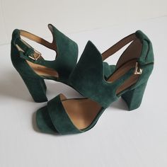 This Is A Banana Republic Loch Green, 3.75 Inch Block Heel Sandal. It Is A Suede With Ankle Straps And Synthetic Lining And A Flexible Rubber Heel. It's New Without Tags Chic Green Sandals With 4-inch Heel, Green Open Heel Evening Heels, Green Heel Strap Sandals For Evening, Green High Heel Sandals For Evening, Evening Green Sandals With Heel Strap, Green Evening Sandals With Heel Strap, Green Evening Sandals With Wrapped Heel, Formal Green Sandals With Padded Heel, Green Open Toe Sandals With 4-inch Heel