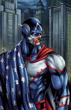 an image of a man dressed as superman in front of a cityscape with stars and stripes