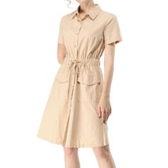 The casual, elegant look of this pretty dress will keep you looking great all the time. The short-sleeve shirt dress is cut with a relaxed silhouette and features a drawstring to cinch in the waist and plenty of practical pockets. Pair it with ankle boots or heels for a chic silhouette. Perfect for spring, summer, and autumn, and it is also suitable for any occasion. Safari Dress, Safari Shirt, Elastic Waist Dress, Collared Dress, Short Sleeve Dress Shirt, Cargo Shirts, Collars For Women, Dress Cotton, Knee Dress