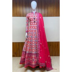 Dazzle up your party look by wearing this Pink Colored Party Wear Anarkali suit. This killer silk party wear suit is beautifully adorned with designer designer patola digital printed long kali Work as shown which makes it appear graceful. This fully stitched anarkali suit comes along with cotton leggings bottom, can can net inner and mul cotton Dupatta. women can buy this ethnic anarkali suit to wear for their upcoming parties functions, receptions, engagement ceremony and family occasions, wher Silk Kurta With Digital Print For Diwali, Unstitched Anarkali Set With Kalamkari Print For Wedding, Designer Wear Digital Print Maxi Length Anarkali Set, Fitted Anarkali Set With Digital Print, Designer Maxi Length Anarkali Set With Digital Print, Fitted Anarkali Set With Digital Print And Traditional Drape, Kalamkari Print Anarkali Set For Wedding, Anarkali Choli With Printed Motifs For Festivals, Anarkali Choli With Printed Motifs For Diwali