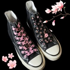 Pink and Black Sakura Shoe Laces With Sakura Charms - Set DETAILS: * You will get 1 pair of sakura shoelaces, 2 laces for one pair of shoe * Every single pair of shoelaces will come with 2pc sakura charm as free gift, please leave the color you would like to have, or we will choose it for you  * Shoelace width: 0.8cm, length please ref to the options NOTES: 1. IMPORTANT: We will double-check each pair's lace length to make sure they match each other of every single order, But Please allows a slightly size difference due to manual measurement. 2. Please be reminded that due to lighting effects and monitor's brightness/contrast settings etc, the color tone of the website's photo and the actual item could be slightly different. We also offer discounts for small bulk order, kindly contact me f Black Converse With Pink Laces, Pink And Black Converse, Witch Core Outfits, Pink And Black Shoes, Alt Style Outfit, Black Sakura, Pink Shoelaces, Lace Charms, Converse Design