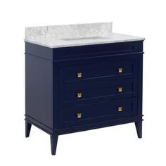 an image of a bathroom vanity with marble top and blue drawers on the bottom side