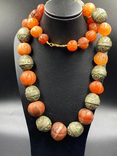 Beautiful vintage enamel beads with pumpkin shape carnelian bead necklace Enamel Beads, Gold Nugget, Carnelian Beads, Natural Coral, Oct 1, Beaded Necklaces, Agate Beads, Turquoise Stone, Bead Necklace