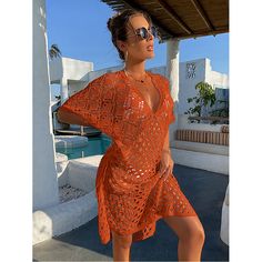 Orange Hollow Out V Neck Pullover Cover Up Beach Dress Orange V-neck Summer Beach Dress, V-neck Beachwear Cover-up For Day Out, Casual V-neck Beach Dress For Vacation, V-neck Beach Dress For Day Out, Orange Beachy Dress For Spring, Casual V-neck Cover-up For Day Out, V-neck Summer Vacation Cover-up, V-neck Beach Dress For Vacation Day Out, Orange V-neck Cover-up For Spring